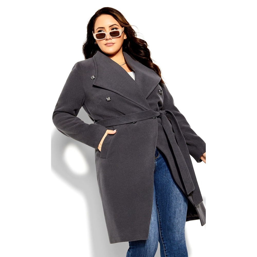 City Chic Charcoal Grey So Chic Belted Coat Size M 18 Plus Size Midi Preppy